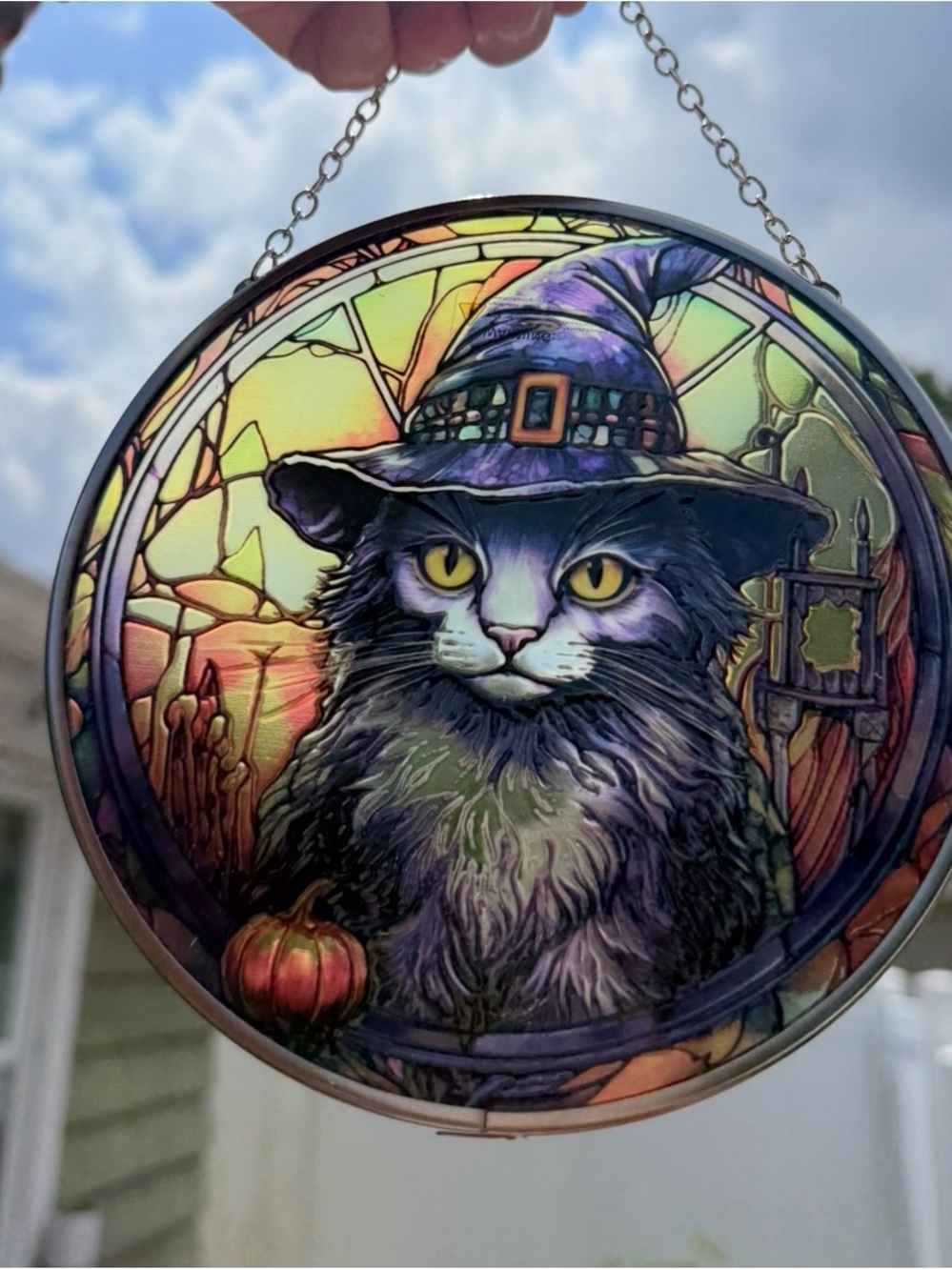 Halloween Witch Cat Stained-Glass Suncatcher - Purple & Yellow